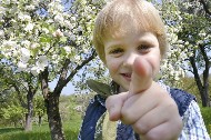 Kind vor einem blühenden Obstbaum, zeigt zur fotografierenden Person hin