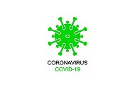 Symbolische Darstellung eines Corona-Virus als Kugel mit nadelähnlichen Strukturen. Beschriftung "Coronavirus Covid-19"
