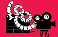 Grafische Darstellung eines Filmprojektors, dahinter ein spiralförmiger Filmstreifen und eine Regieklappe