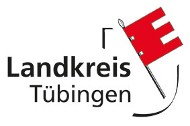 Logo mit Beschriftung "Landkreis Tübingen", grafisch stilisiertem Wappenschild und dreilatziger Fahne