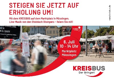 Werbebild für den Kreisbus mit der Überschrift "Steigen Sie jetzt auf Erholung um!" mit dem Datum 8. Juli von 10 - 14 Uhr am Marktplatz Mössingen. Unten wird das Logo des Kreisbus dargestellt.