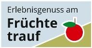 Logo von Früchtetrauf. Logo stellt den symbolischen Früchtetrauf Apfel sowie die Hintergrundfarben hellblau und hellgrün dar.