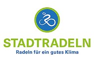 Logo mit Skizze einer radfahrenden Person im Kreis, Beschriftung "STADTRADELN, Radeln für ein gutes Klima"