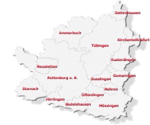 Umriss des Landkreises Tübingen mit eingezeichneten Umrissen und Beschriftungen der Städte und Gemeinden
