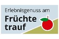 Logo Tourismus Landkreis Tübingen, Symbol Apfel mit Stiel und Blatt, Beschriftung "Erlebnisgenuss am Früchtetrauf"